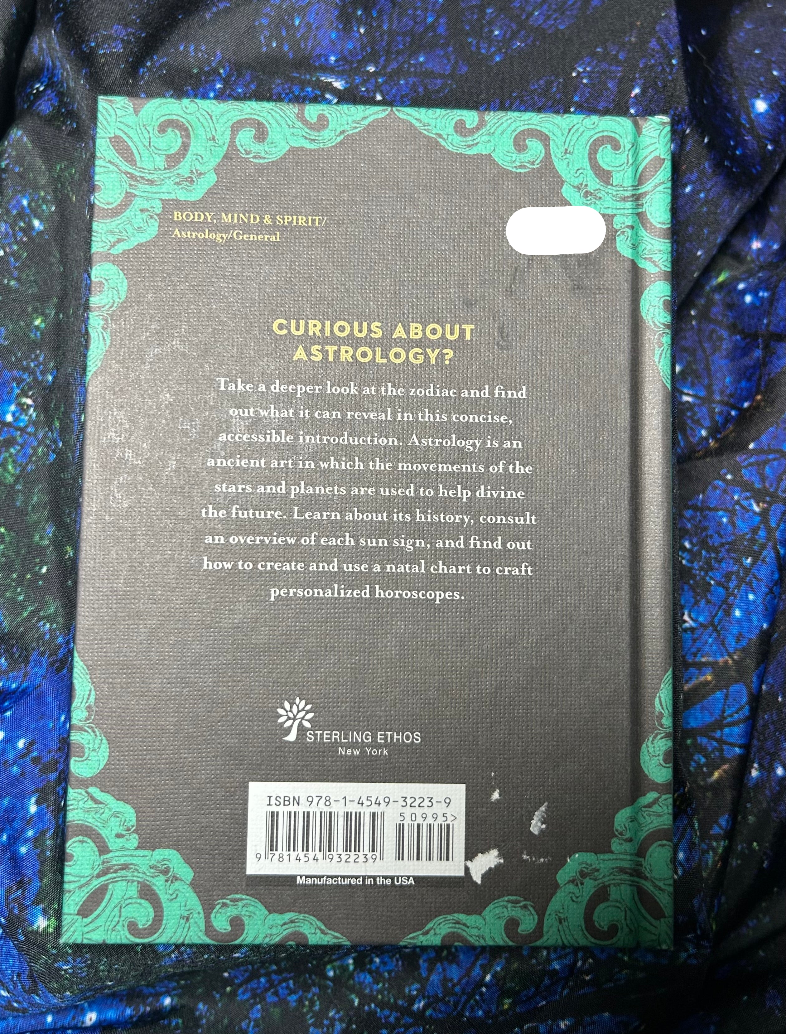 Back cover of a book with astrological text and design elements on a blue textured background