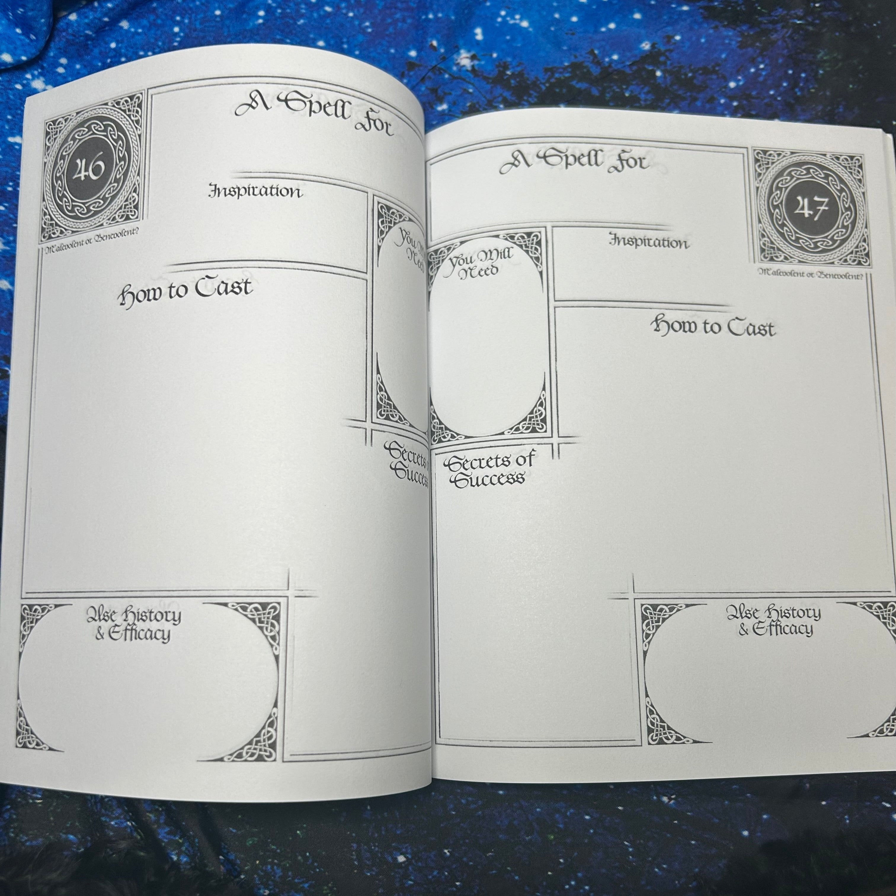 Open book with spell templates on a dark, textured surface